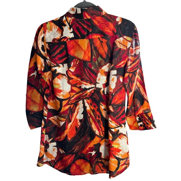 Chico’s size 0(S) orange tropical print 100% linen button front 3/4 sleeve top - Picture 2 of 6